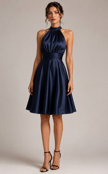 Dark Navy Halter Satin Knee-Length A-Line Cocktail Dress