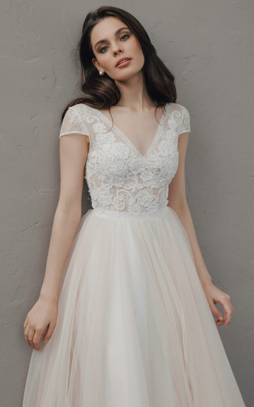 Elegant A Line Lace and Tulle V-neck Simple Wedding Dress with Ruching ...