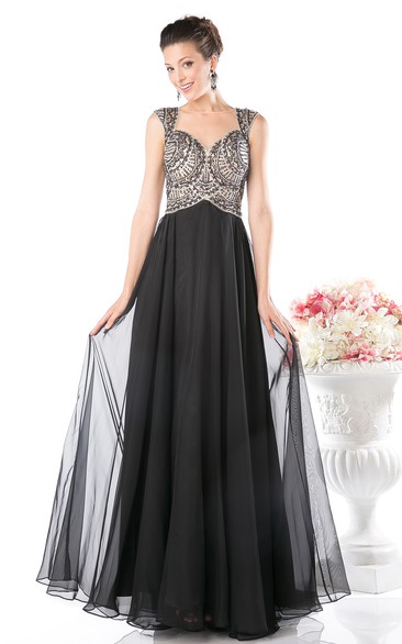 Sheath Maxi Queen Anne Chiffon Illusion Dress With Beading And Pleats
