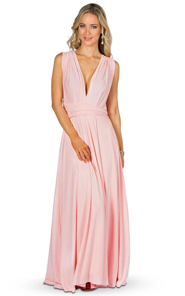 Sleeveless Long V-Neck Chiffon Convertible Bridesmaid Dress With Straps