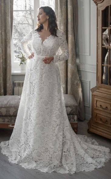 Vintage Sheer Lace V-neck Long Sleeve Plus Size Modest Wedding Dress with Sweep Train