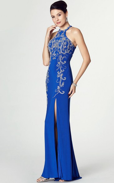 Sheath High Neck Sleeveless Beaded Jersey Prom Dress