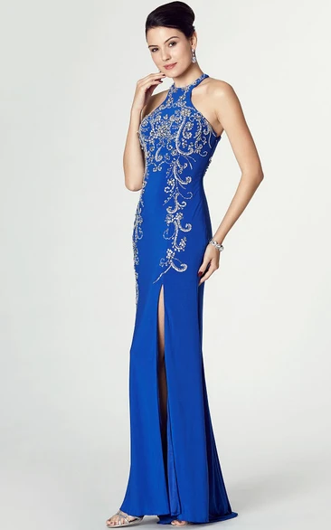 Sheath High Neck Sleeveless Beaded Jersey Prom Dress