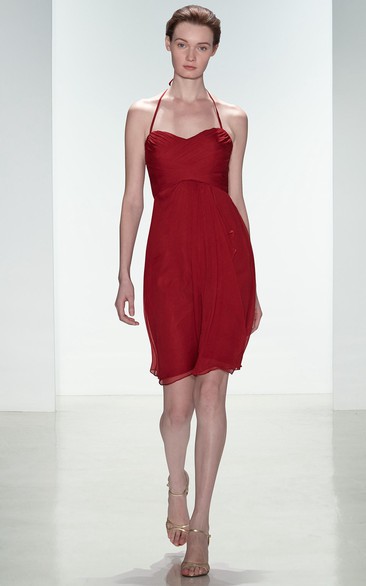 Pencil Short Sleeveless Empire Halter Chiffon Bridesmaid Dress With Ruching And V Back