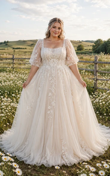 Plus Size Brautkleid in A-Linie mit eckigem Ausschnitt, kurzen Illusionsärmeln und Spitze