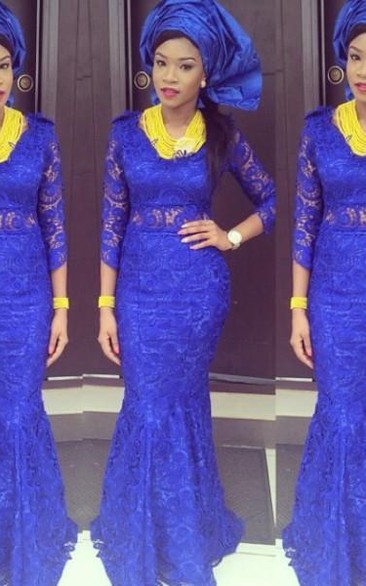 Gorgeous Royal Blue Lace Mermaid Evening Dress Long Sleeve