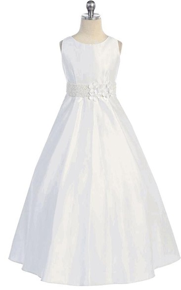Floral Beaded Floral Satin Flower Girl Dress With Sash