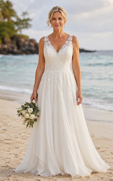 Spaghetti Strap Beach A-Line Older Brides Wedding Dress with Lace Bodice
