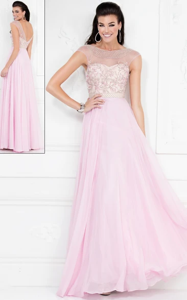 A-Line Scoop-Neck Cap-Sleeve Chiffon Deep-V Back Dress With Beading And Pleats