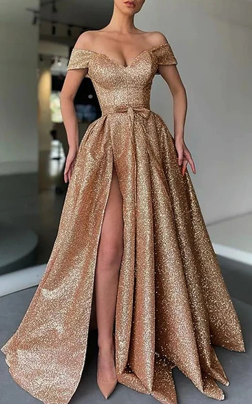 Sexy Off-the-shoulder Gold Front Split Empire A-line Sequin Dress