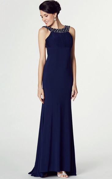 High-Low Sheath Sleeveless Beaded Scoop Neck Jersey Prom Dress