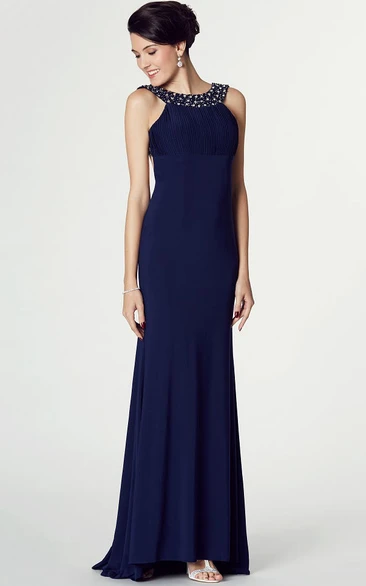High-Low Sheath Sleeveless Beaded Scoop Neck Jersey Prom Dress