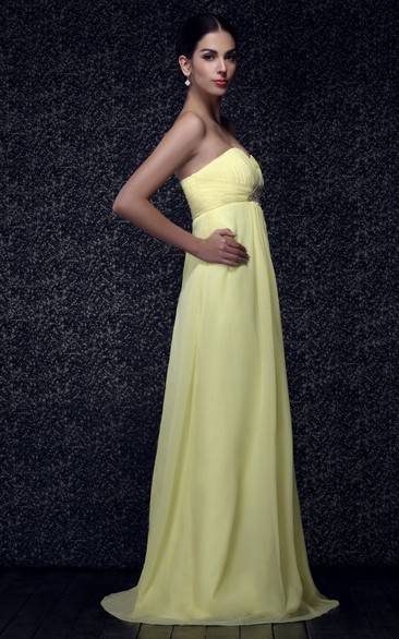 Sweetheart Ruched Maxi Chiffon Dress With Pleats and Beaded Waist