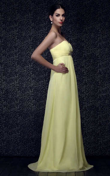 Sweetheart Ruched Maxi Chiffon Dress With Pleats and Beaded Waist