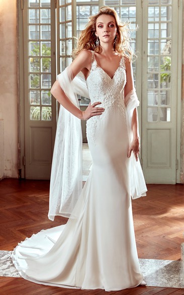 V-Neck Sheath Wedding Dress with Lace Floral Straps and Brush Train 