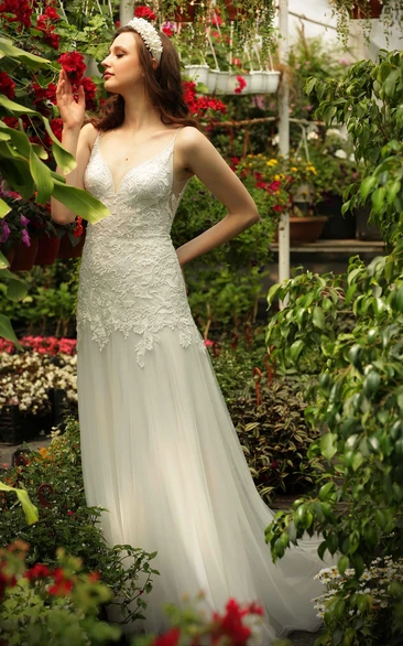 Ethereal Lace Floor-length Sleeveless A Line Low-V Back Wedding Dress with Appliques