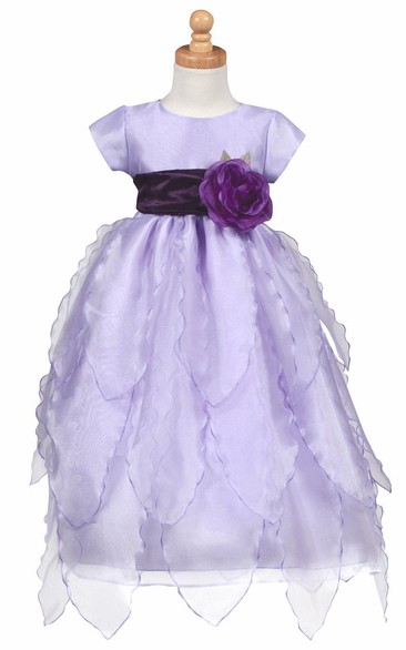Cap-Sleeve Tiered Organza&Taffeta Flower Girl Dress