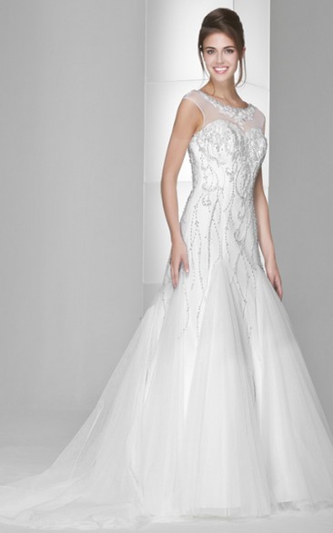 A-Line Scoop-Neck Cap-Sleeve Beaded Long Tulle Wedding Dress
