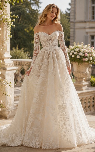 Champagne Off Shoulder Lace A-Line Wedding Dress with Long Sleeves