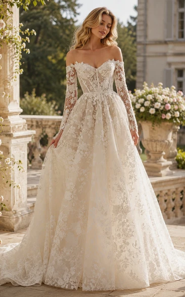 Champagne Off Shoulder Lace A-Line Wedding Dress with Long Sleeves