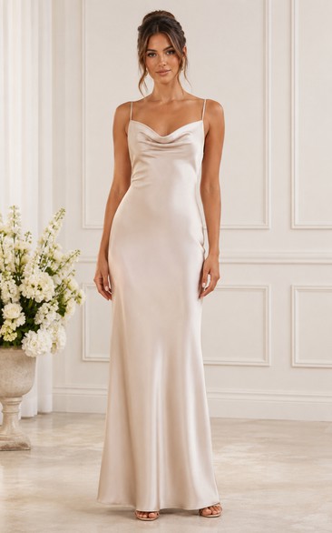 Champagne Satin Sheath Cowl Neck Bridesmaid Dress