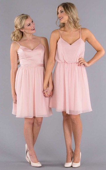 Knee-Length Sleeveless Ribboned Spaghetti Chiffon Bridesmaid Dress With Pleats