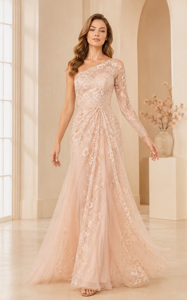 Blushing Pink One-Shoulder Glitter Tulle A-Line Formal Dress with Applique