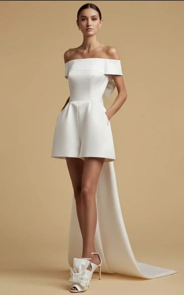 One Shoulder Short Shorts with Train Wedding Jumpsuit
