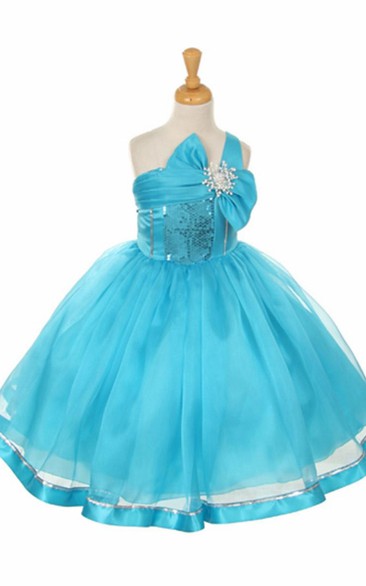Tea-Length Broach Bowed Tiered Sequins&Organza Flower Girl Dress With Sash