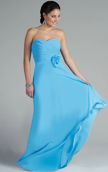 Sweetheart A-line Chiffon Long Dress With Waist Flower