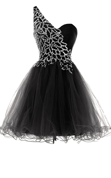 One-shoulder Short A-line Layered Dress With Beadings