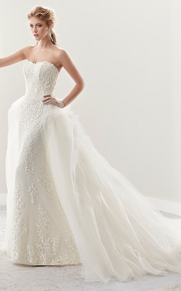 Strapless Sheath Lace Bridal Gown With Ruffles Brush Train