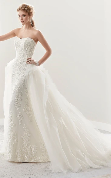 Strapless Sheath Lace Bridal Gown With Ruffles Brush Train