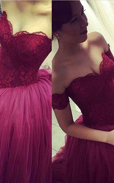Modern Off-the-shoulder Tulle Lace Evening Dress Princess Sweep Train