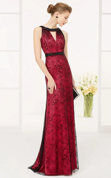 High Neck Sleeveless Sheath Lace Long Prom Dress With Front And Back Keyholes