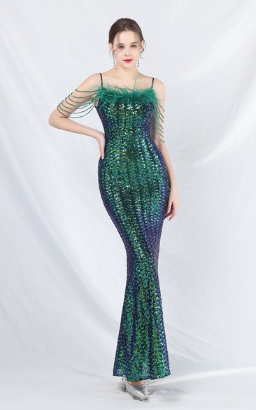 Craft Beaded Ostrich Feather Fantasy Sequined Long Evening Dress