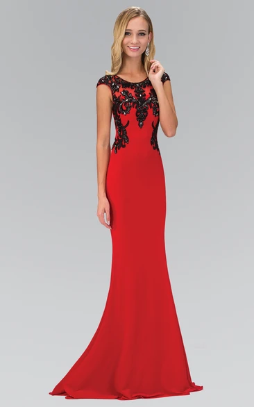 Sheath Scoop-Neck Cap-Sleeve Jersey Illusion Dress With Beading