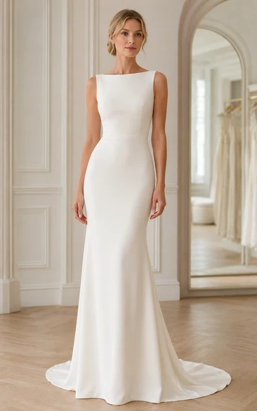 Bateau Neck Sheath Wedding Dress with Sleeveless Bodice and Sweep Train