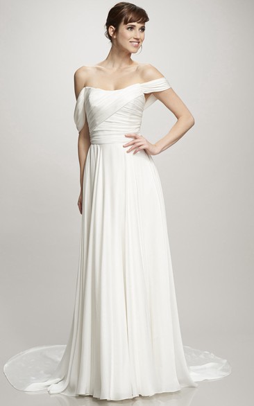 Off-The-Shoulder Floor-Length Ruched Chiffon Wedding Dress