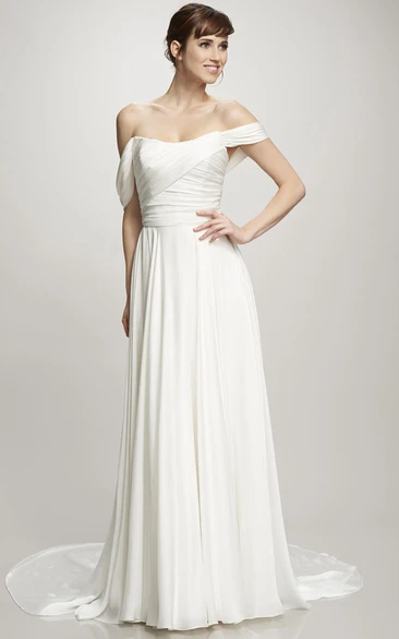 Off-The-Shoulder Floor-Length Ruched Chiffon Wedding Dress