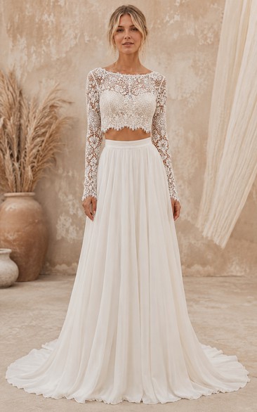 Boho Two Piece Wedding Dress Long Sleeve High Neck Lace Chiffon Floor Length Sweep Train Ivory