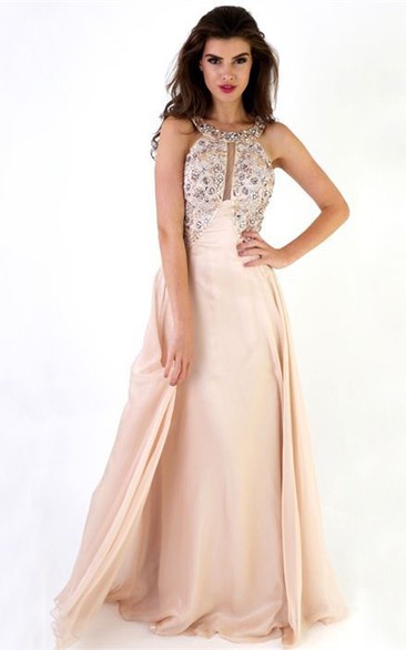 Maxi Sleeveless Scoop Neck Beaded Chiffon Backless Prom Dress