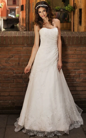 A-Line Maxi Beaded Strapless Sleeveless Satin Wedding Dress With Side Draping