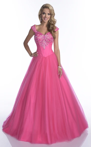 Cap Sleeve Tulle A-Line Quinceanera Dress With Crystal Top