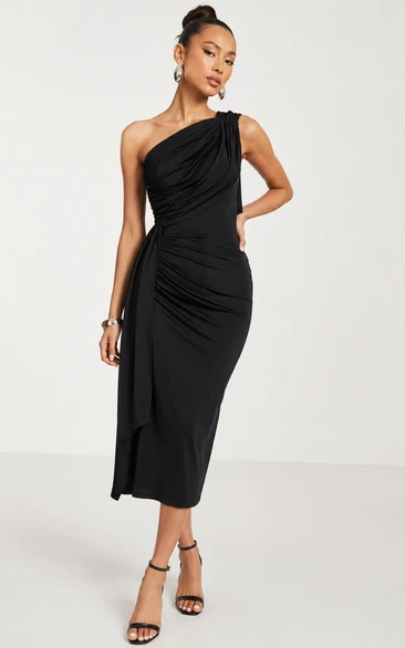 Black One-Shoulder Draped Tea-Length Cocktail Dress