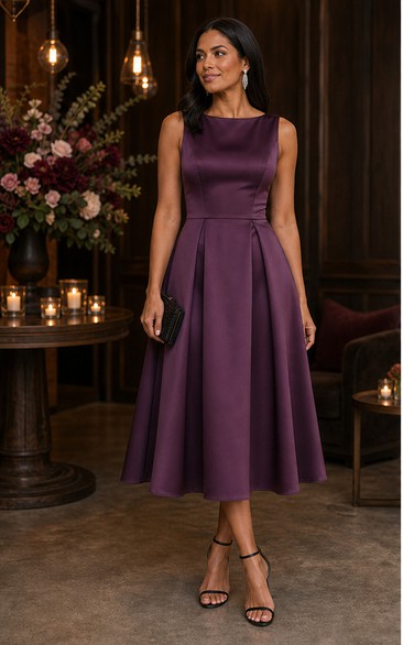 Plum Satin A-Line Bateau Tea-Length Cocktail Dress