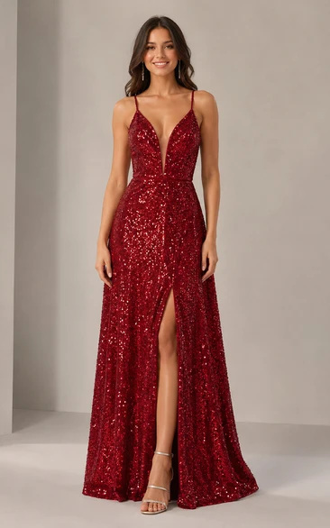 A-Line Sequin Prom Dress with V-neck, Sleeveless and Sequins Split Front, Floor Length