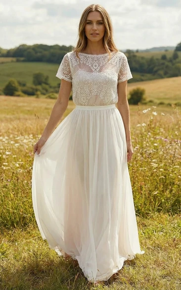Boho Lace Short Sleeve Wedding Dress with Chiffon Skirt for Country Ceremony