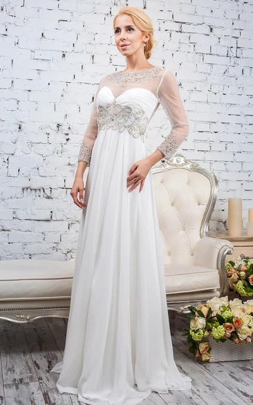 Sheath Bateau-Neck Floor-Length Beaded Long-Sleeve Tulle&Satin Wedding Dress With Pleats