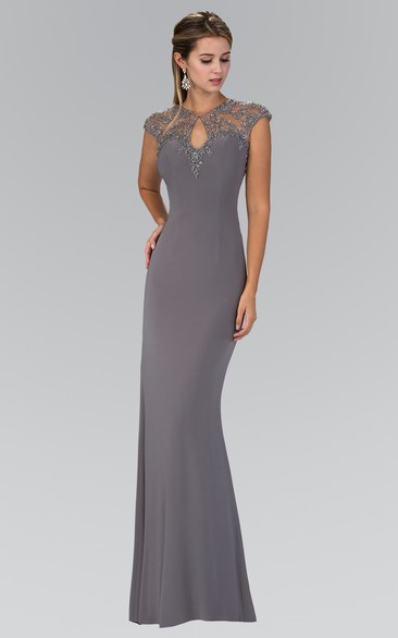 Sheath Jewel-Neck Cap-Sleeve Jersey Keyhole Dress With Beading